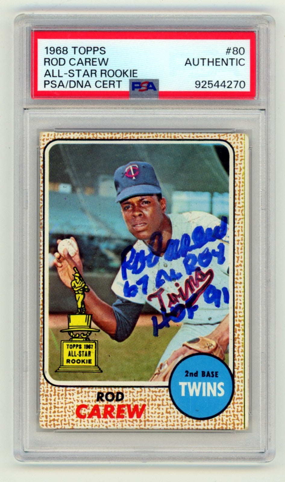 Rod Carew 1968 Topps #80 Rookie Cup ROY &amp; HOF Ins. Signed PSA Authentic Auto