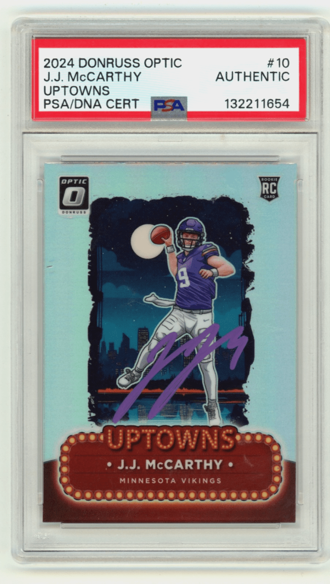 J.J. McCarthy 2024 Donruss Optic #10 Uptowns Signed Prizm RC PSA Authentic Auto