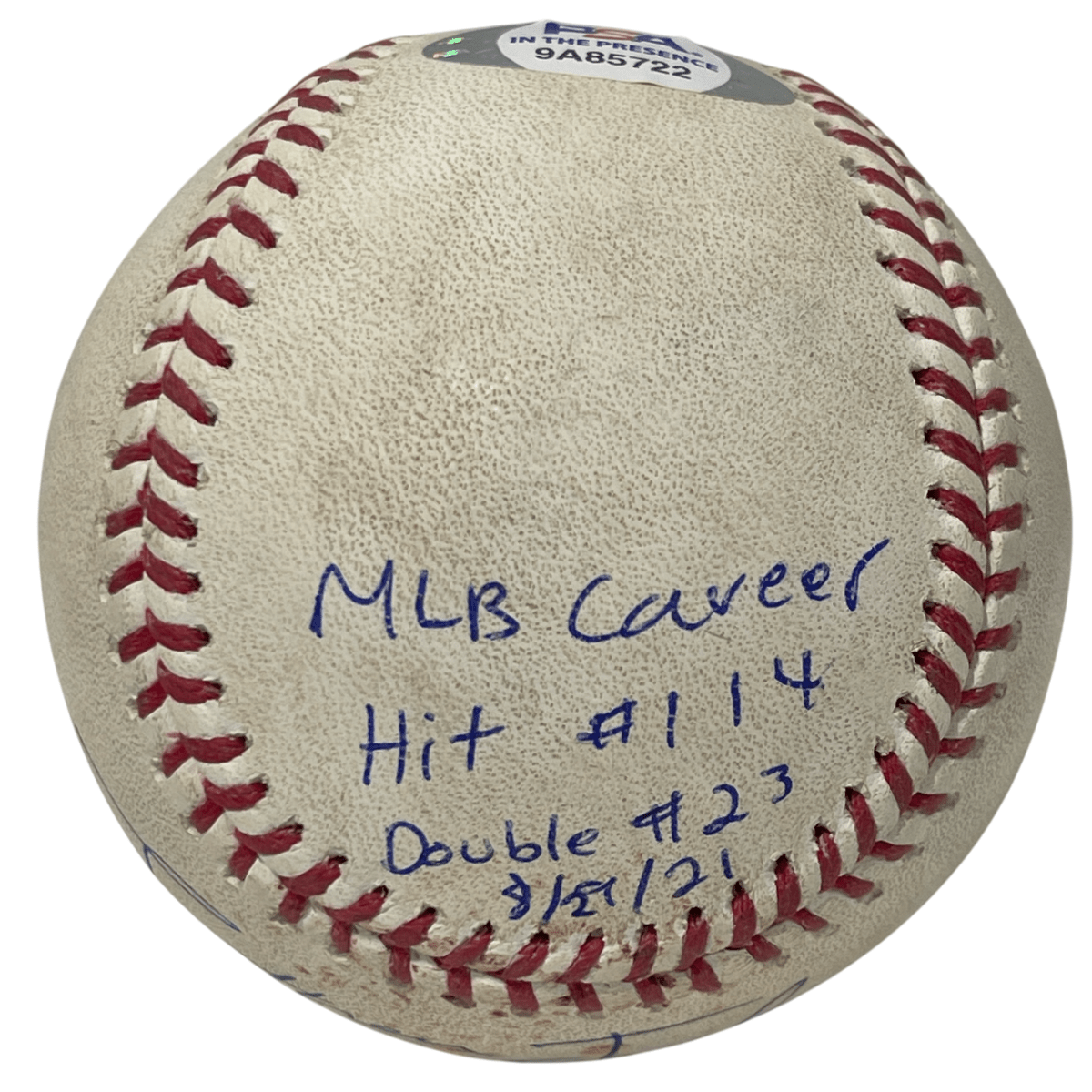 Jonathan India Signed 2021 Rookie Game Used Double Hit Baseball w/ Insc. PSA COA