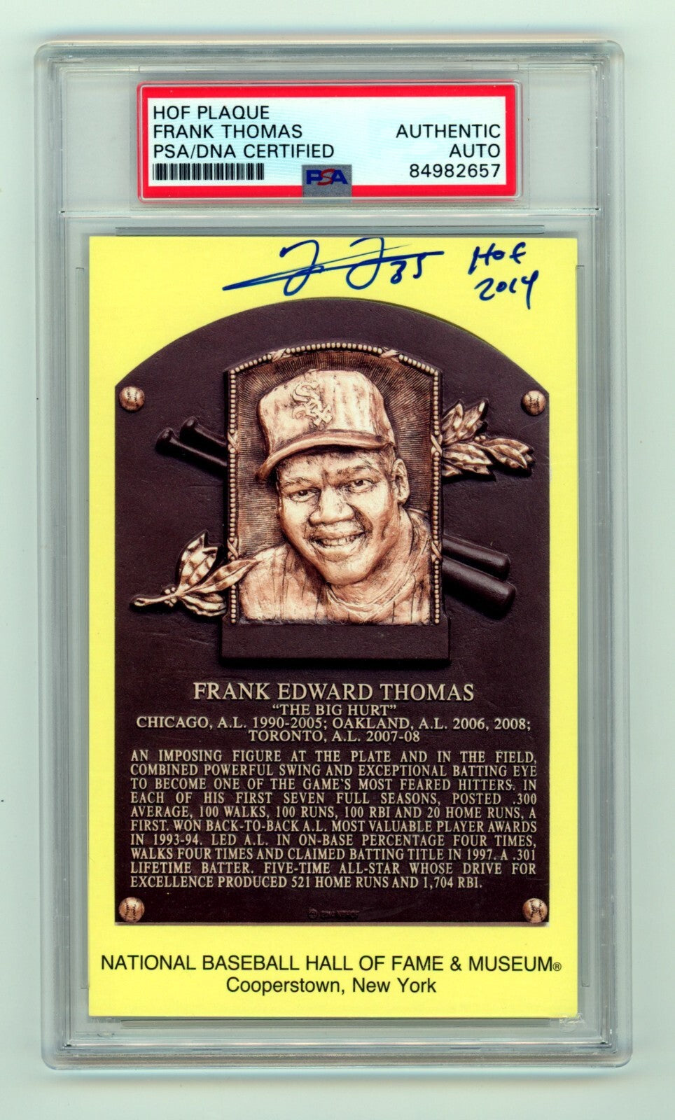 Frank Thomas Signed Yellow HOF Plaque Post Card w/ HOF 14 Insc. PSA White Sox