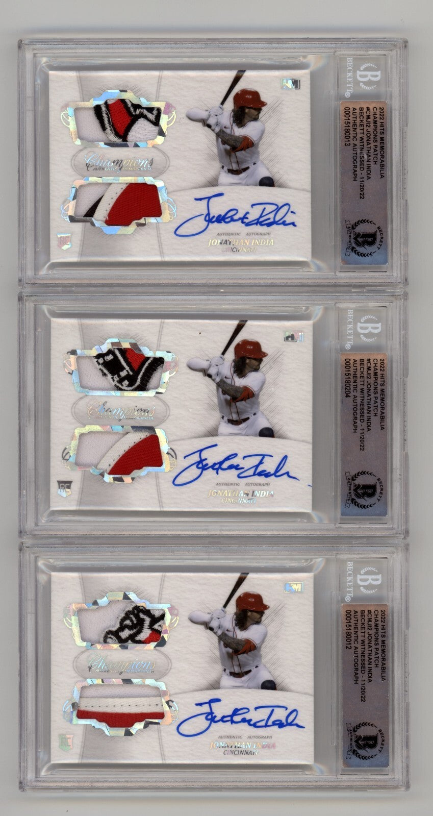 Jonathan India 2021 Hits Memorabilia Champions Ice Patch Dual Auto RC /3 BGS BAS