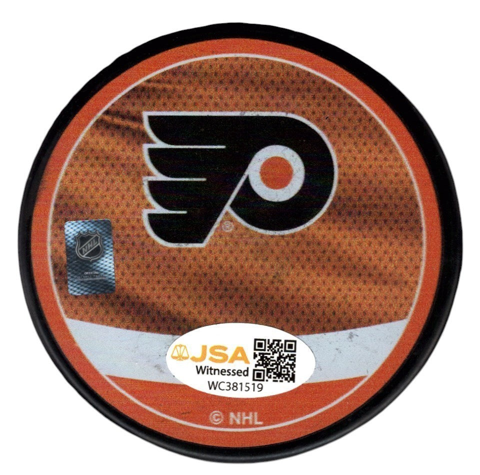 Eric Lindros Signed Autographed Flyers Reverse Retro Puck JSA Witness COA