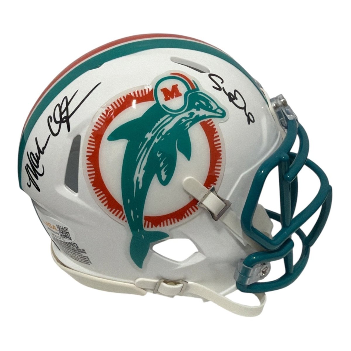 Mark Clayton &amp; Mark Duper Dual Signed Dolphins TB Mini Helmet JSA Witness COA