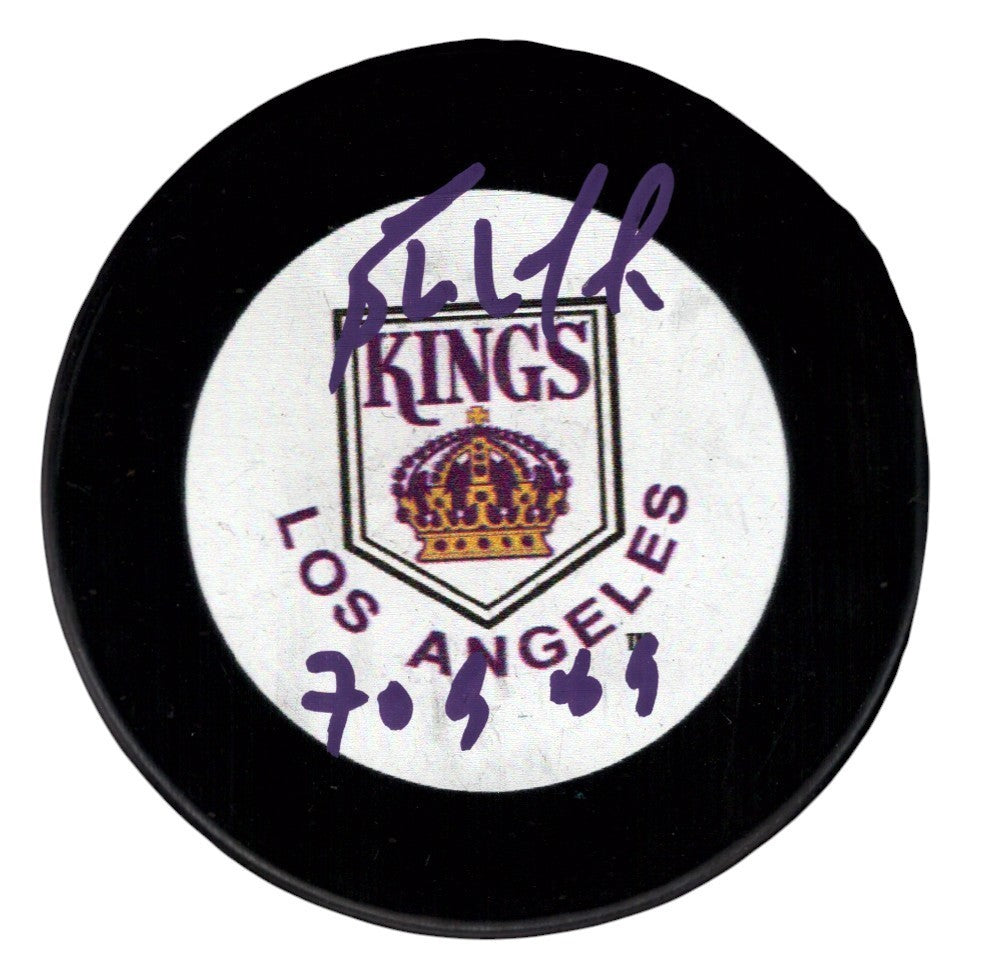 Bernie Nicholls Signed LA Kings White Logo Puck w/ 70 G 89 JSA Witness COA