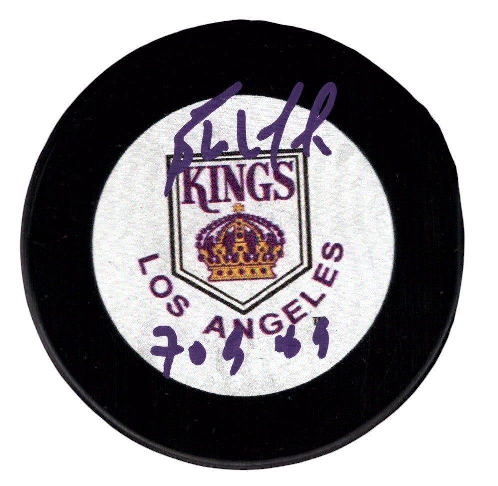 Bernie Nicholls Signed LA Kings White Logo Puck w/ 70 G 89 JSA Witness COA