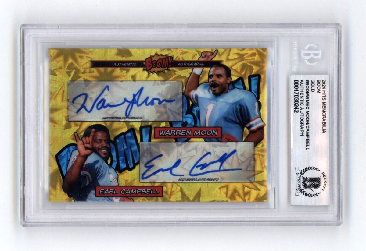 Warren Moon &amp; Earl Campbell 2024 Hits BOOM Gold #1/10 Dual Signed BGS BAS Auto