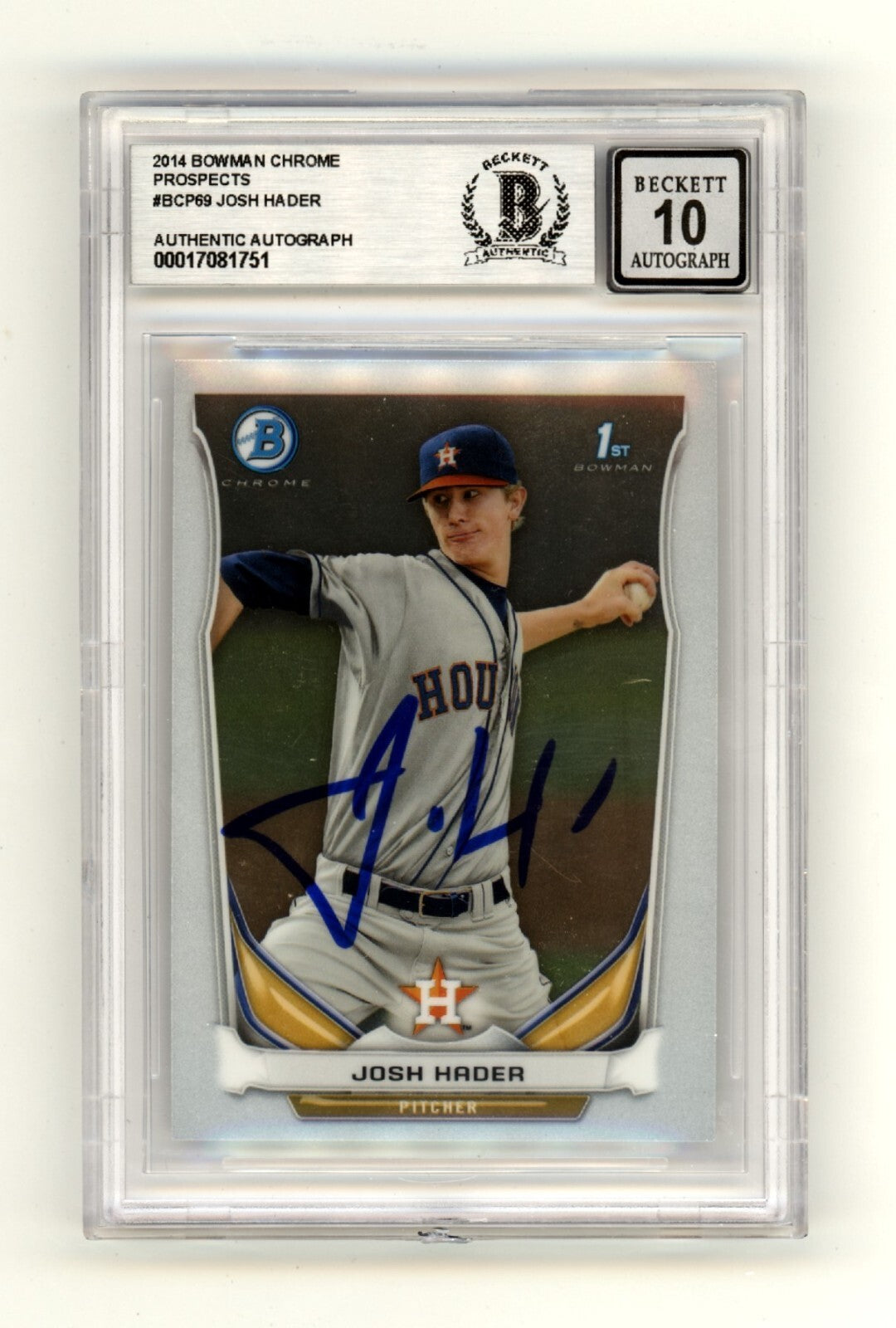 Josh Hader 2014 Bowman Chrome Prospects BCP69 1st Signed Beckett BAS BGS 10 Auto