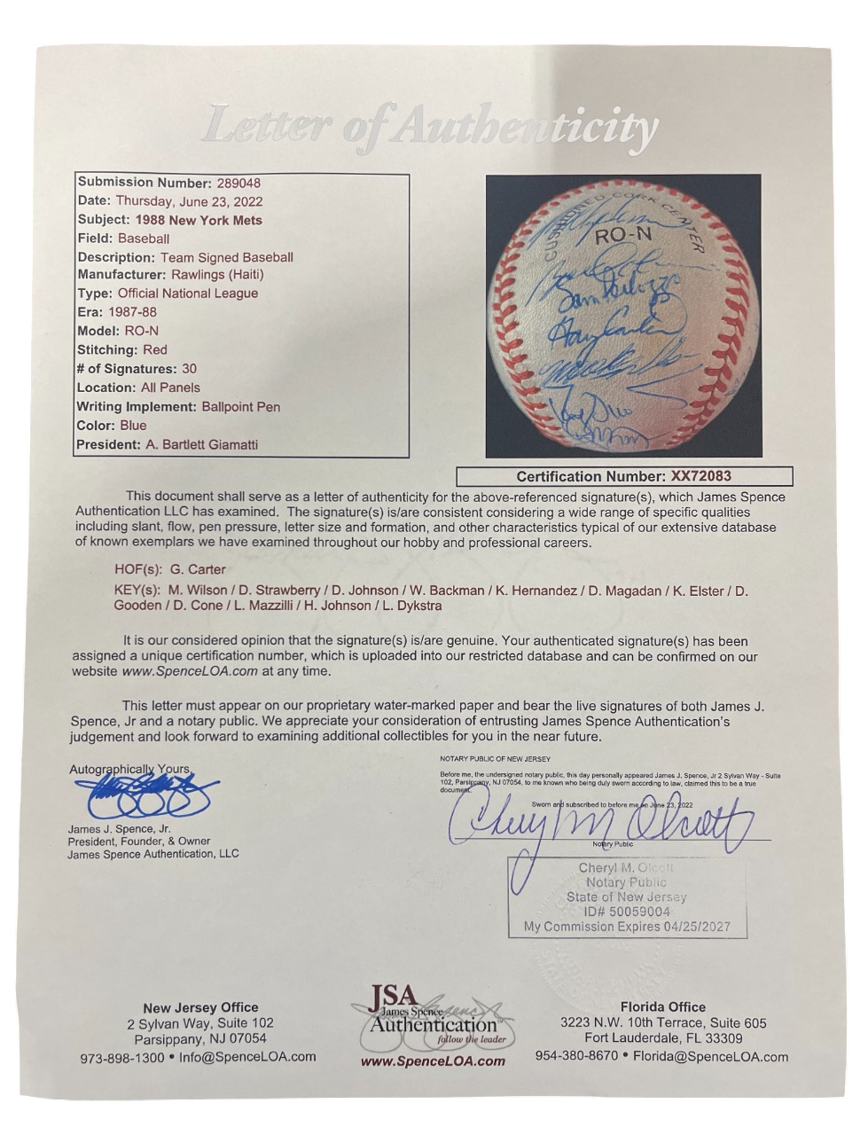 1988 New York Mets Team Signed Autograph ONL National League Baseball JSA LOA B