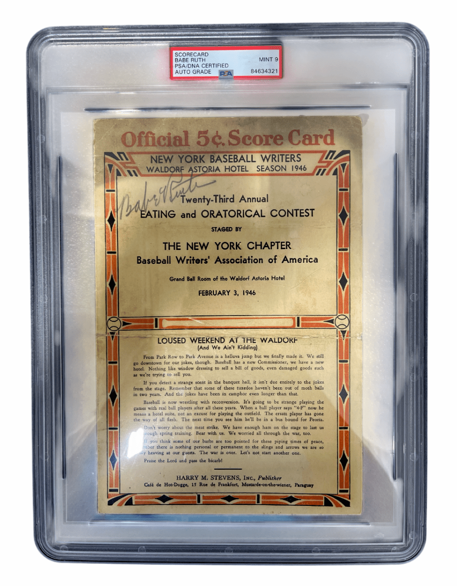 Babe Ruth Signed 1946 NY BBWAA Eating Contest Official Scorecard PSA 9 Auto MINT