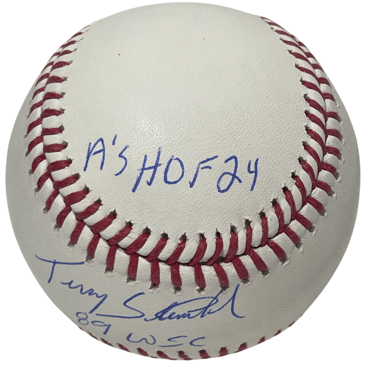 Terry Steinbach Signed ROMLB Stat Baseball w/ 4 Insc Beckett Witness BAS COA A's