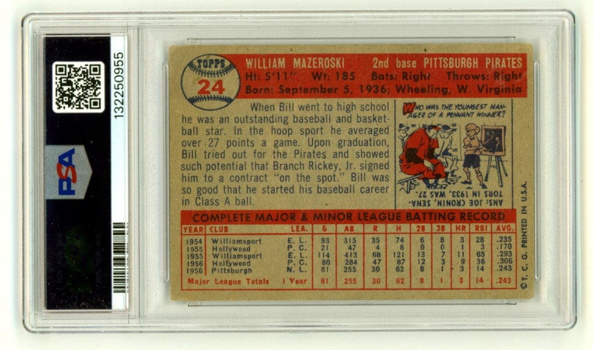 Bill Mazeroski 1957 Topps #24 Signed Rookie RC w/ 5 Inscriptions PSA 10 Auto HOF