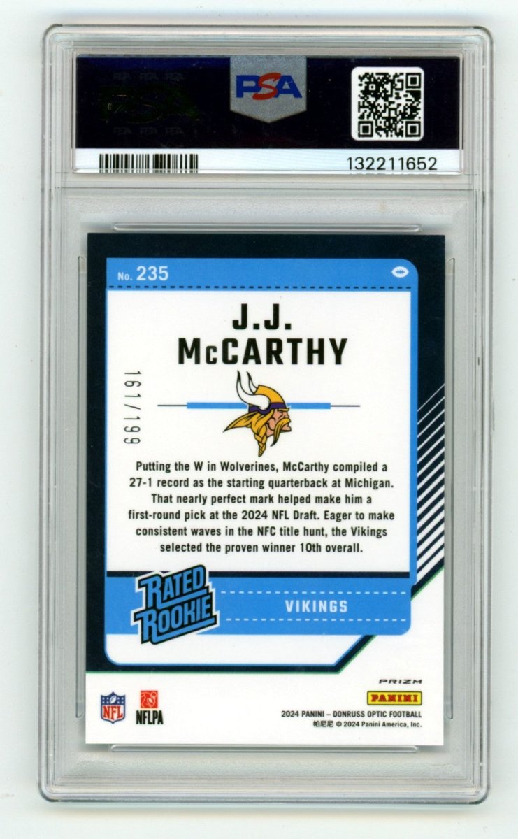 J.J. McCarthy 2024 Donruss Optic Blue Prizm Signed Rated Rookie RC /199 PSA Auto
