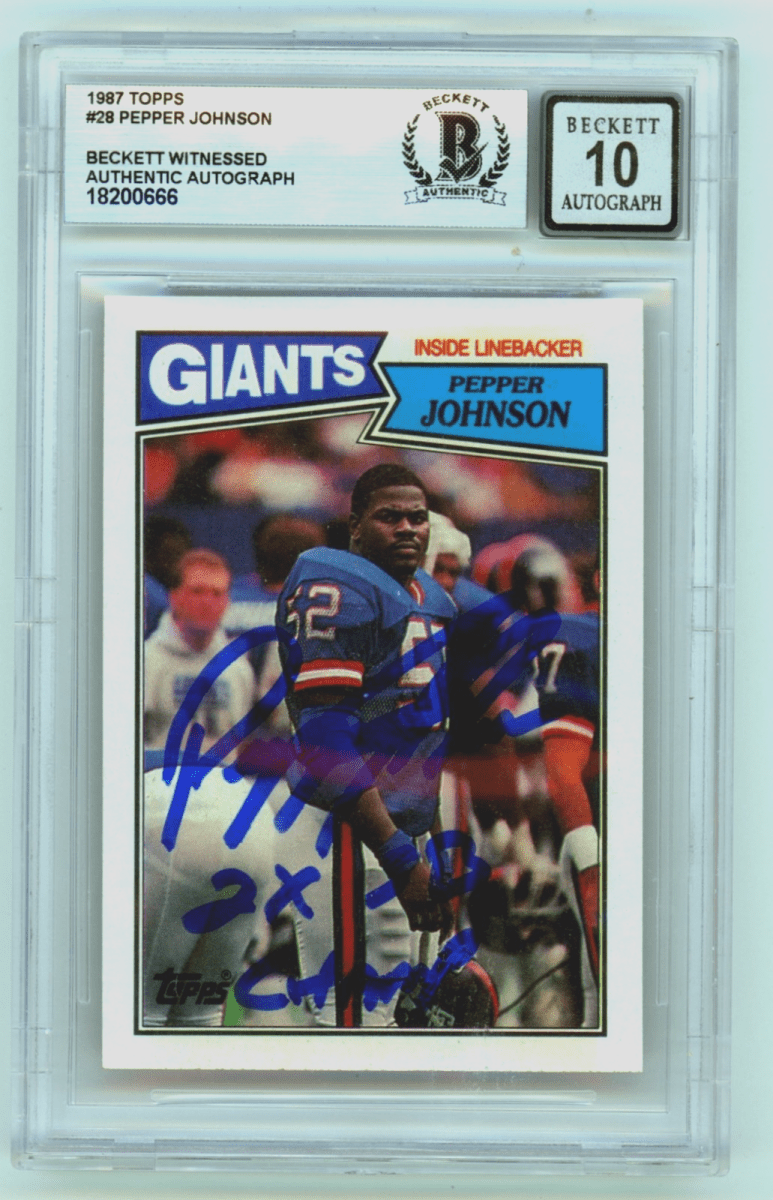 Pepper Johnson 1987 Topps 28 Signed Rookie RC w/ 2 SB Champ Beckett BGS 10 Auto