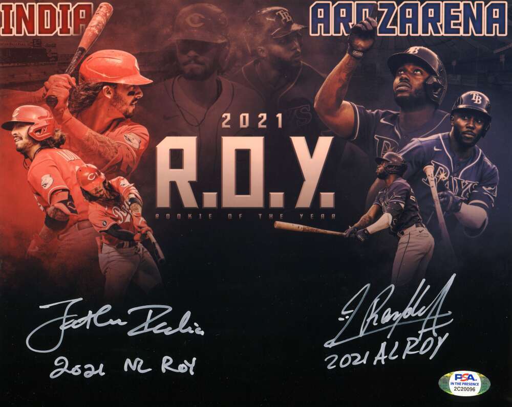 Randy Arozarena &amp; Jonathan India Dual Signed 8x10 Photo w/ 2021 ROY PSA COA #1