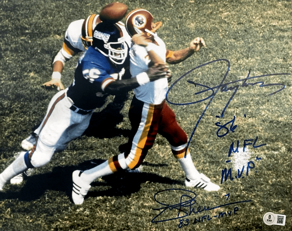 Joe Theismann & Lawrence Taylor Dual Signed 11x14 Photo w/ MVP Beckett W BAS COA
