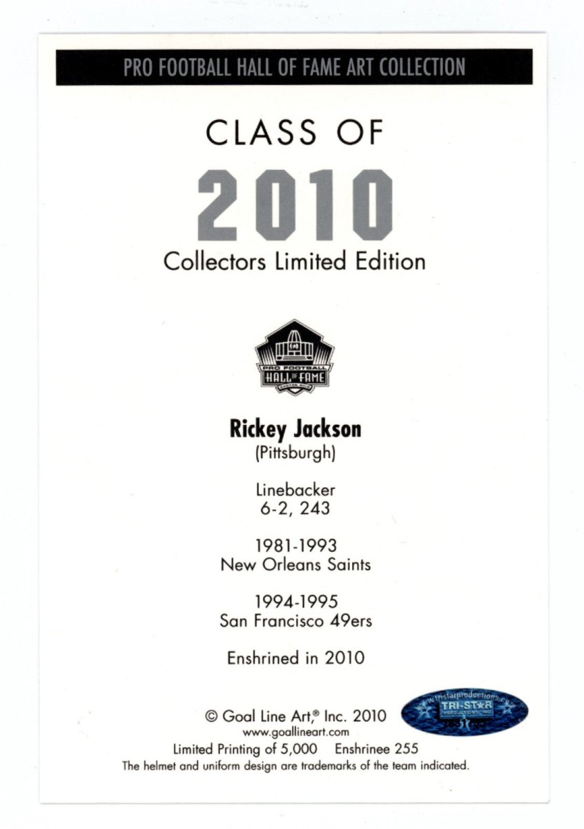 Rickey Jackson Signed Auto GLAC Goal Line Art Card 255 w/ 2 Ins TRISTAR HOLO COA