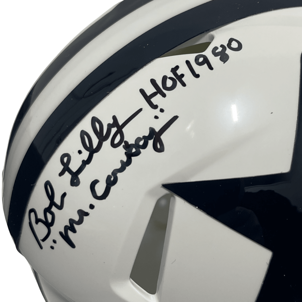 Bob Lilly Signed TB Cowboys Mini Helmet w/ 4 Ins Beckett Witness BAS COA