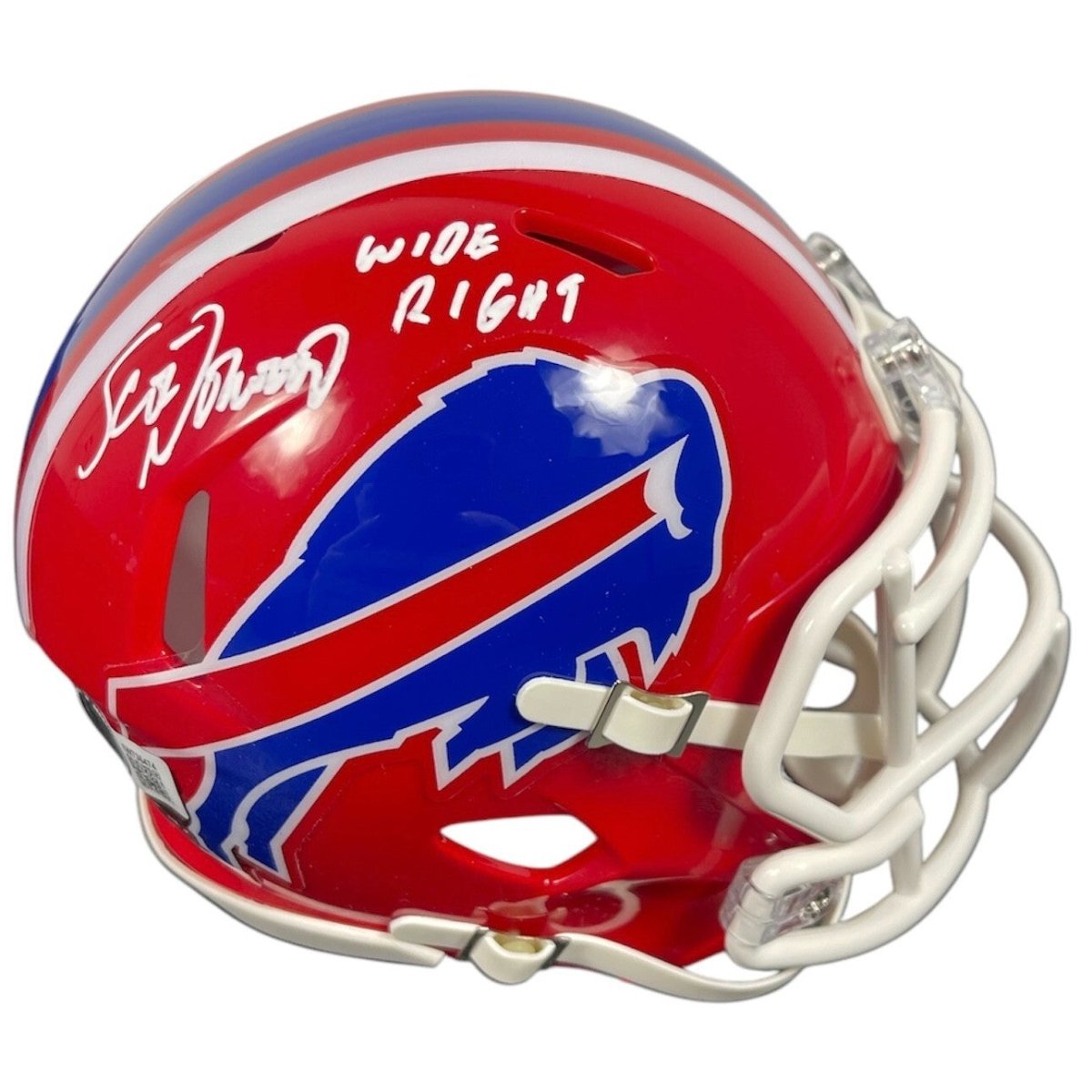 Scott Norwood Signed Bills TB Mini Helmet w/ Wide Right Beckett Wit BAS COA