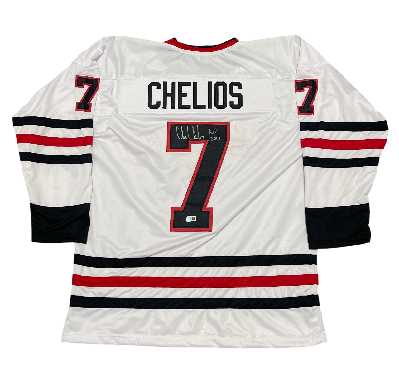 Chris Chelios Signed Chicago Custom Jersey w/ HOF 2013 Beckett Witness BAS COA