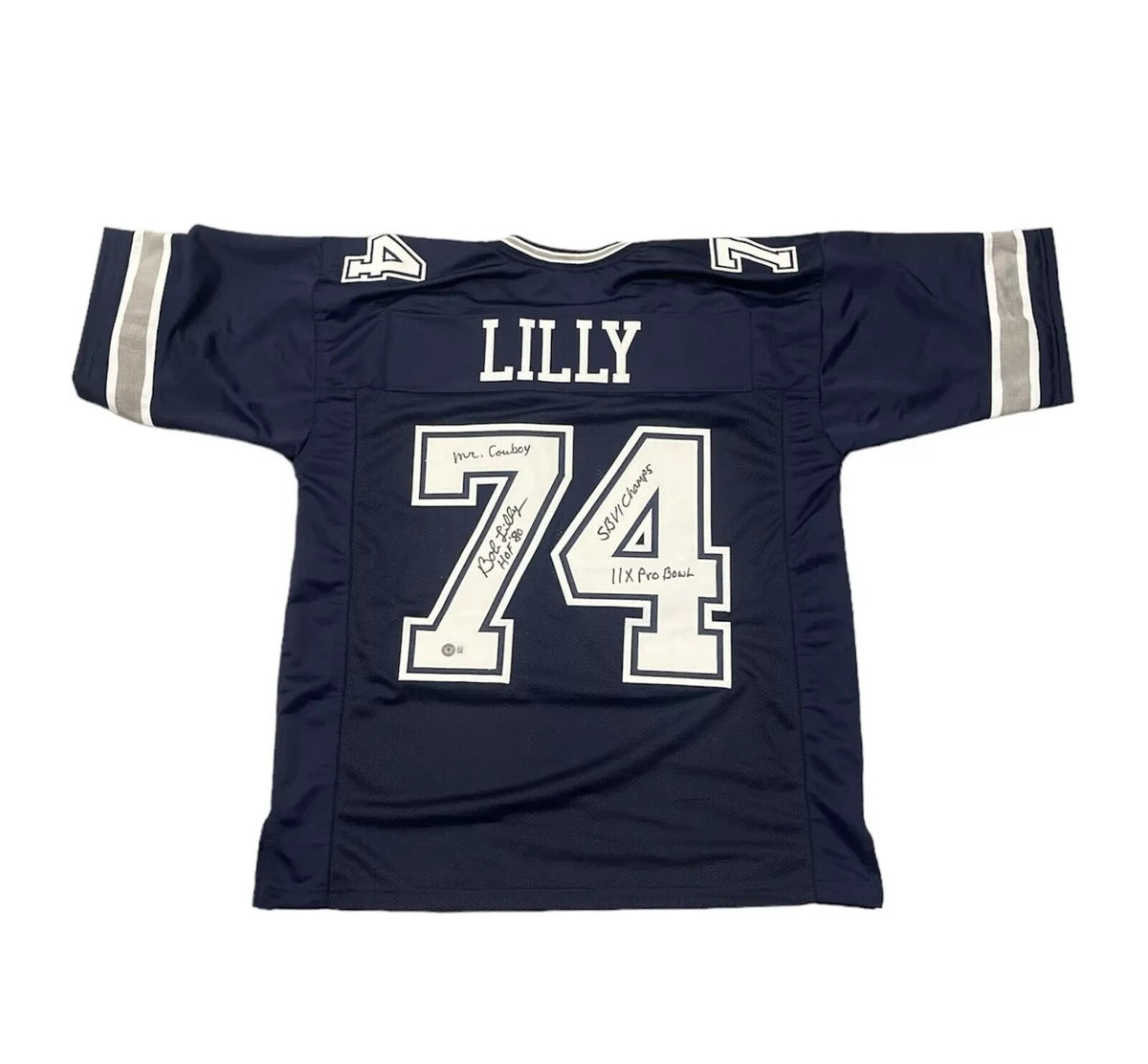 Bob Lilly Signed Dallas Cowboys Navy Custom Jersey w/ 4 Ins Beckett Wit BAS COA