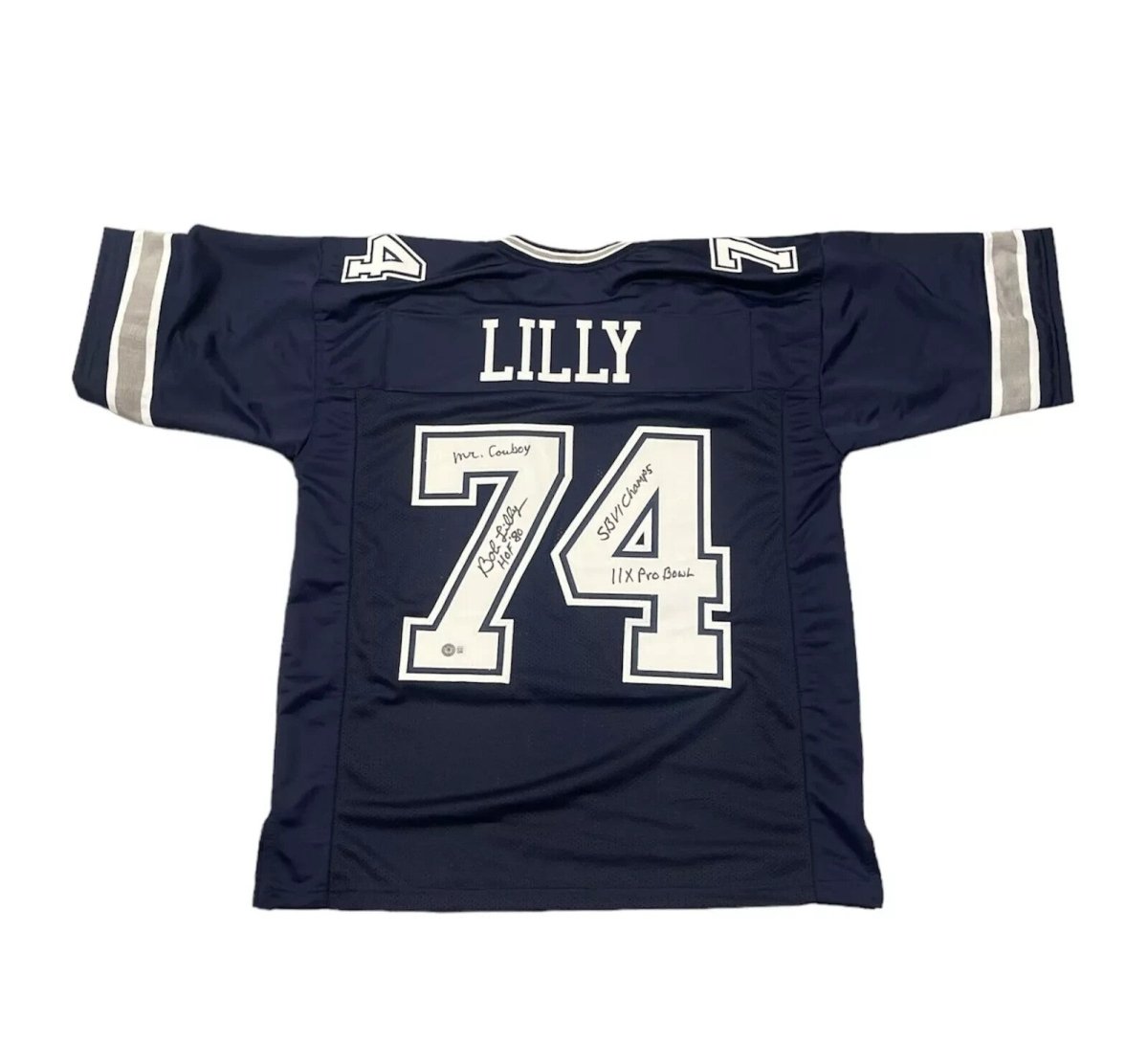 Bob Lilly Signed Dallas Cowboys Navy Custom Jersey w/ 4 Ins Beckett Wit BAS COA