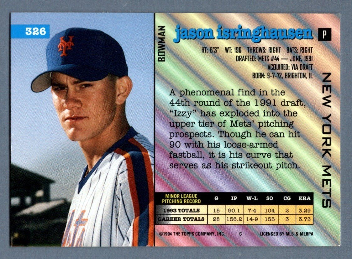 Jason Isringhausen Signed Autographed 1994 Bowman #326 Rookie RC LSCM COA Mets