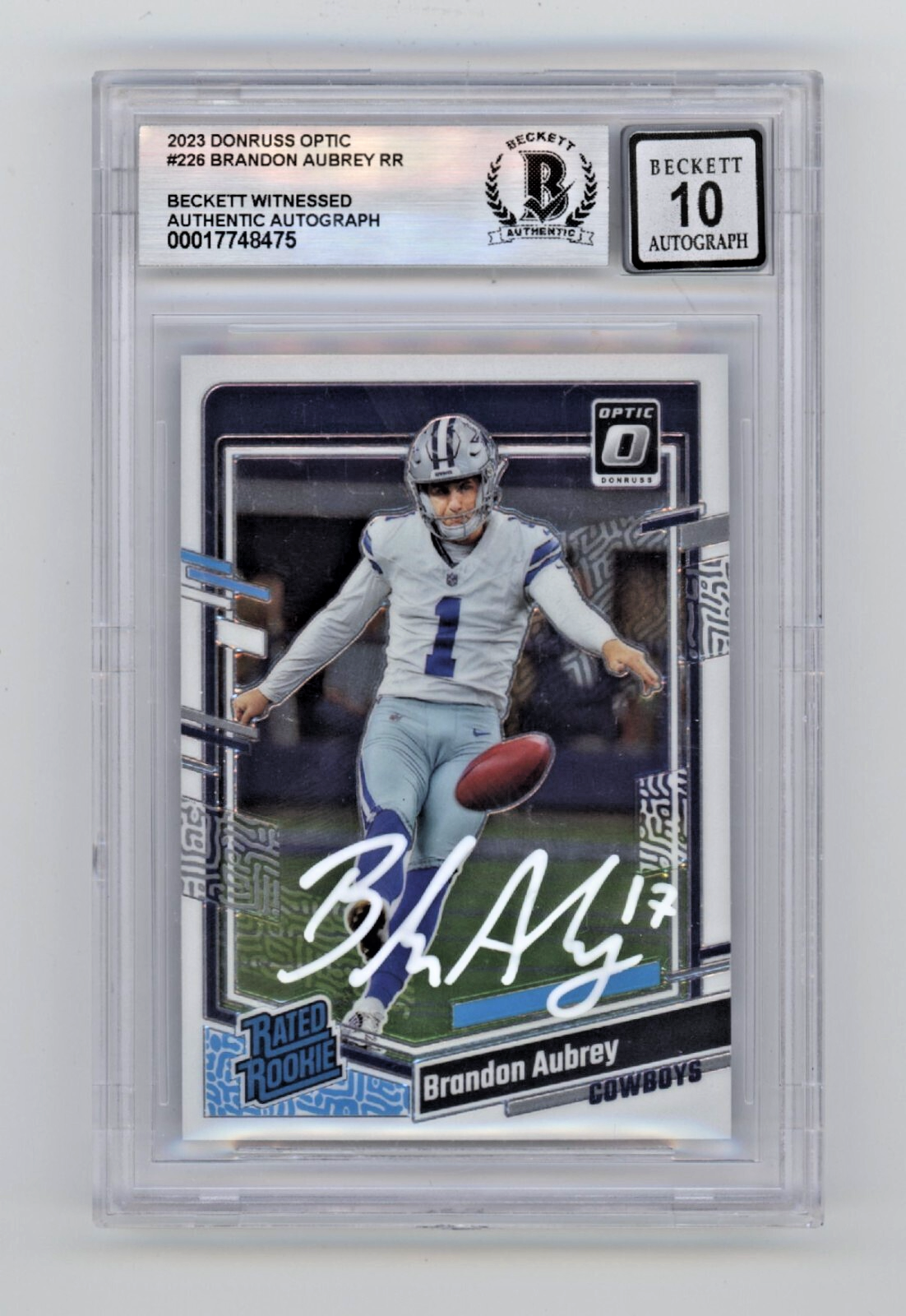 Brandon Aubrey 2023 Donruss Optic #226 Rated Rooke RC Signed Beckett BGS 10 Auto