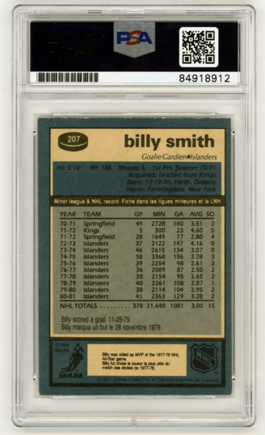 Billy Smith 1981-82 O-Pee-Chee OPC #207 Signed PSA Authentic Auto Islanders HOF