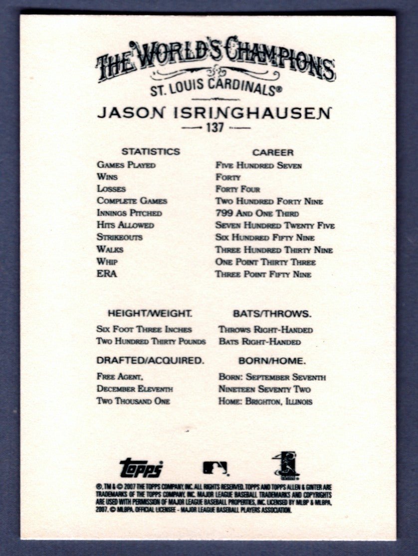 Jason Isringhausen Signed Autographed 2007 Topps Allen &amp; Ginter #137 LSCM COA