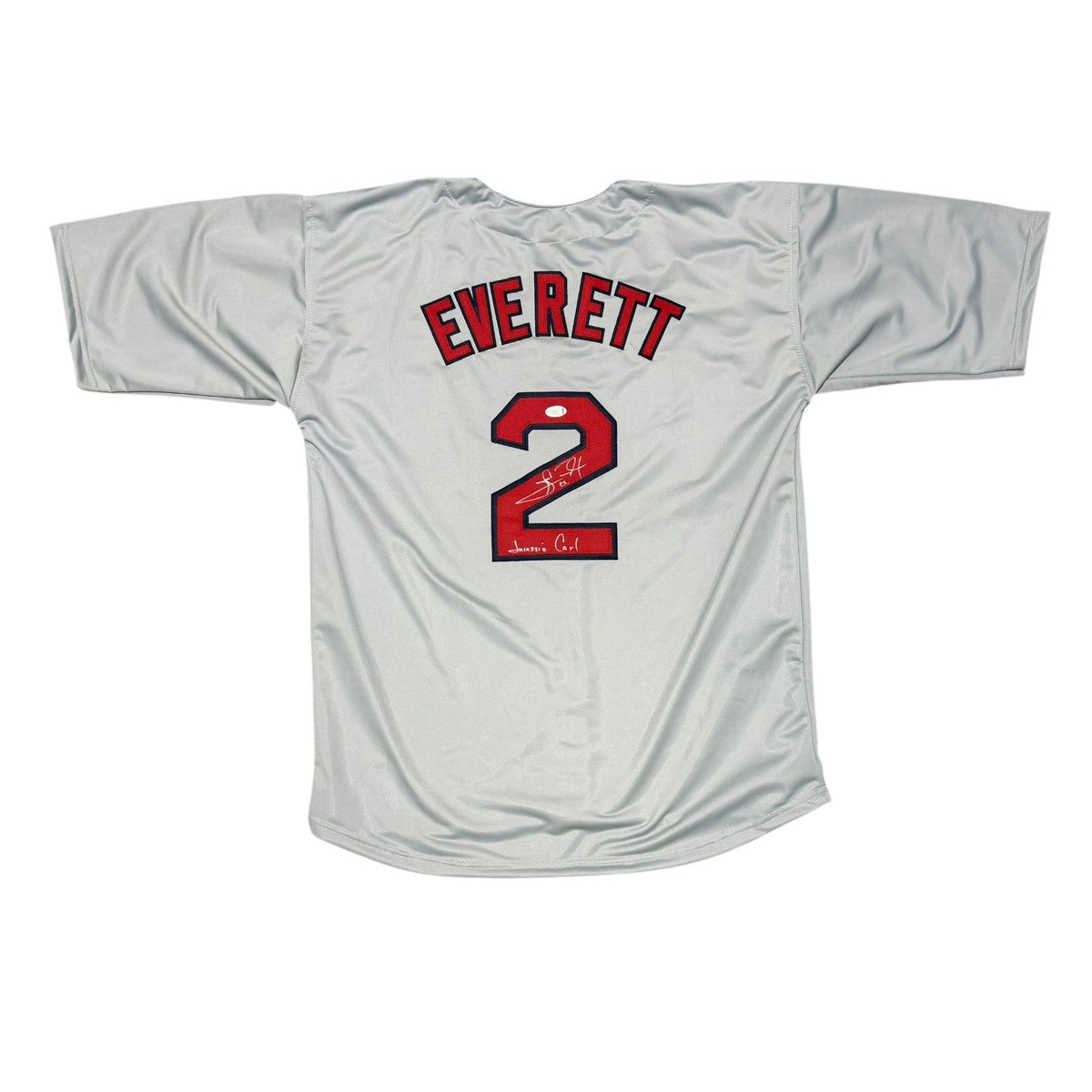 Carl Everett Signed Red Sox Custom Grey Jersey w/ Jurassic Carl JSA Witness COA