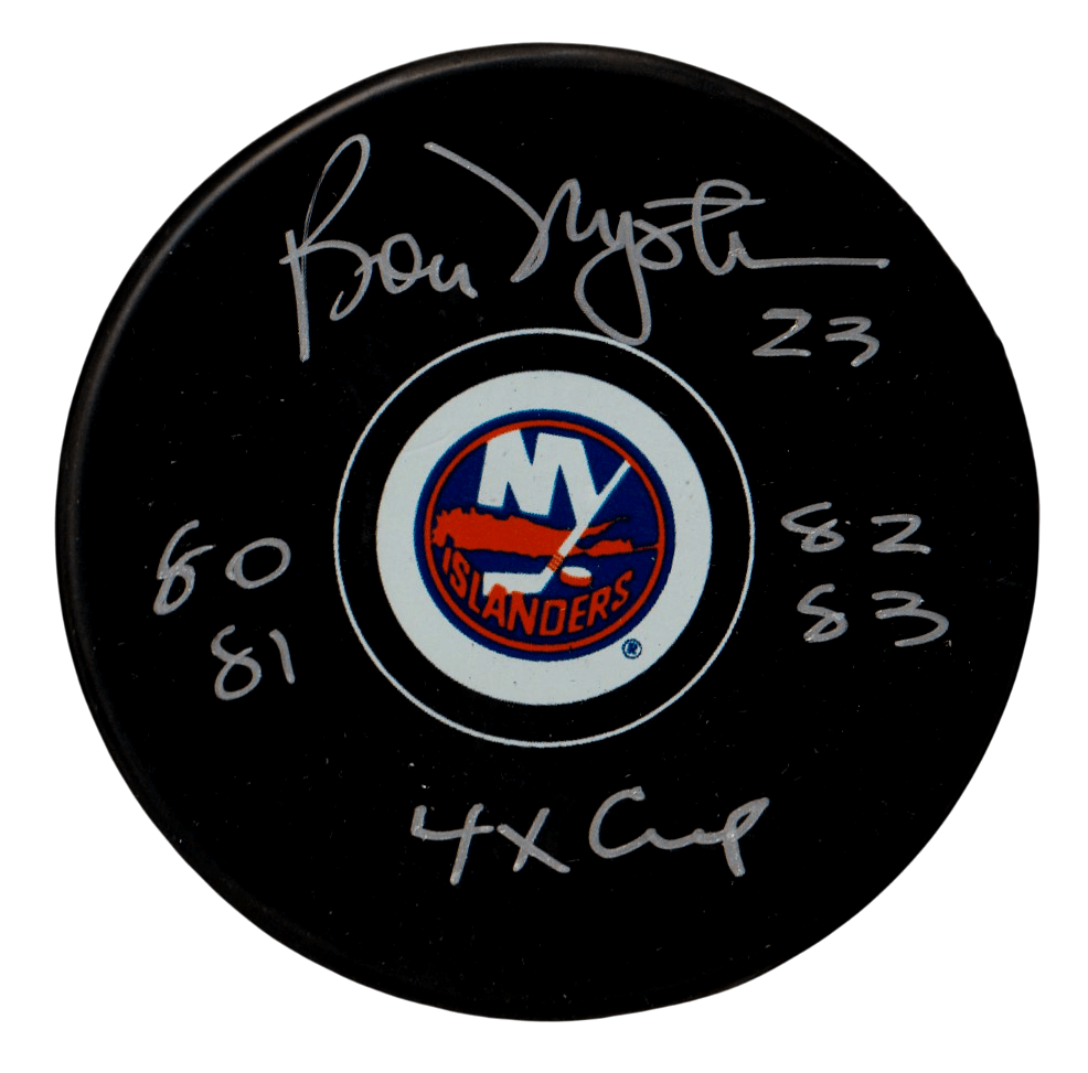 Bobby Nystrom Signed  Islanders Logo Puck w 4x Cup 80 81 82 83 Beckett W BAS COA