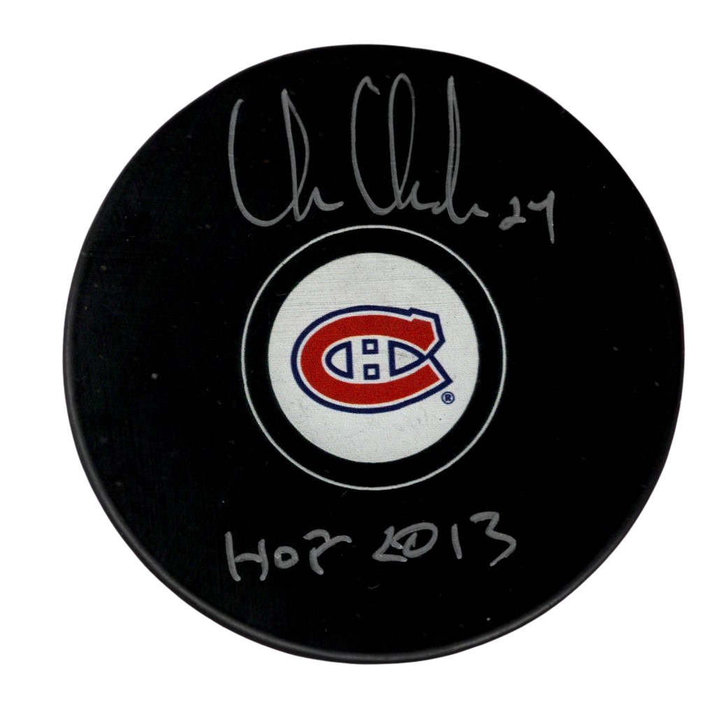Chris Chelios Signed Auto Montreal Canadiens Puck w HOF 2013 Beckett Wit BAS COA