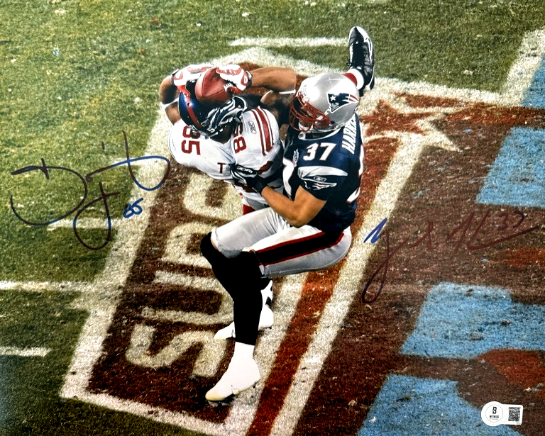 David Tyree &amp; Rodney Harrison Dual Signed SB Helmet 11x14 Photo Beckett BAS COA