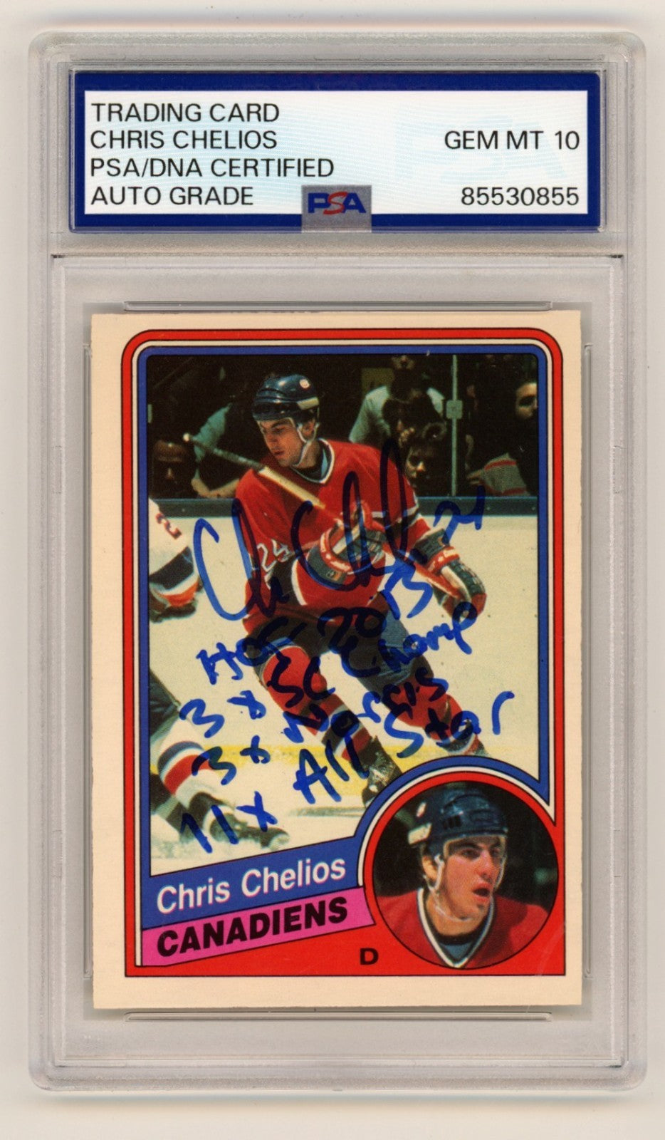 Chris Chelios 1984-85 O-Pee-Chee OPC Rookie Card RC w/ 4 Insc Signed PSA 10 Auto