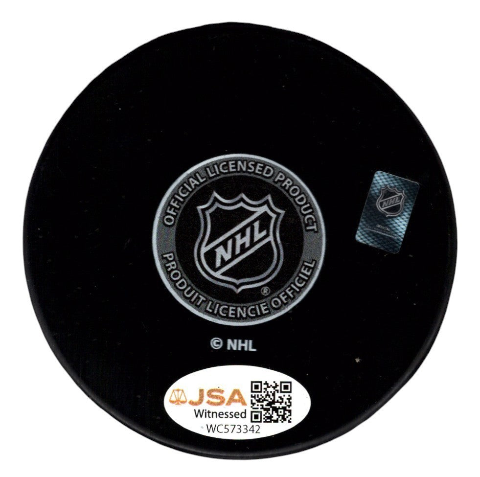 Joe Mullen Signed Autographed Flames Logo Puck w/ HOF 2000 JSA Witness COA