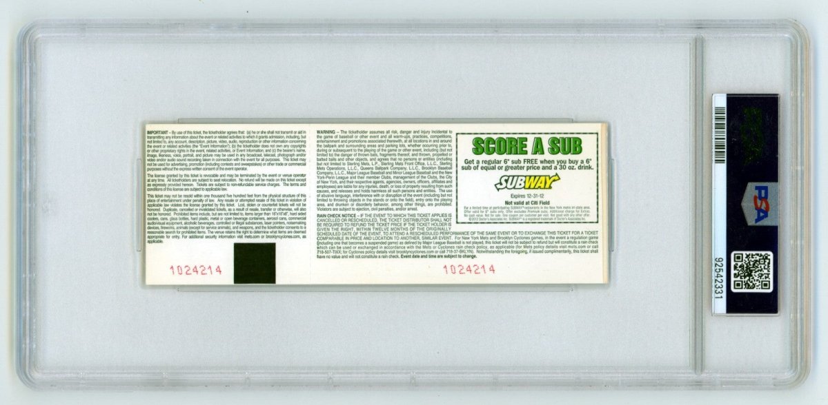 Johan Santana Signed Mets 1st No-Hitter Full Ticket 6/1/2012 PSA Authentic Auto