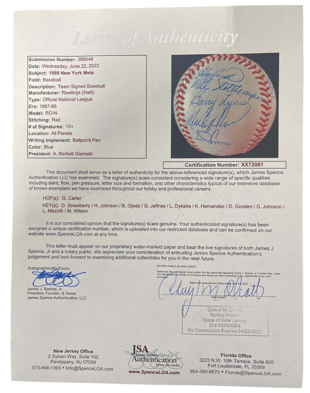 1989 New York Mets Team Signed Autograph ONL National League Baseball JSA LOA B