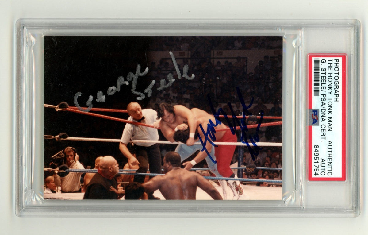Honky Tonk Man &amp; George Steele Dual Signed Original Vintage Photo PSA DNA Auth.