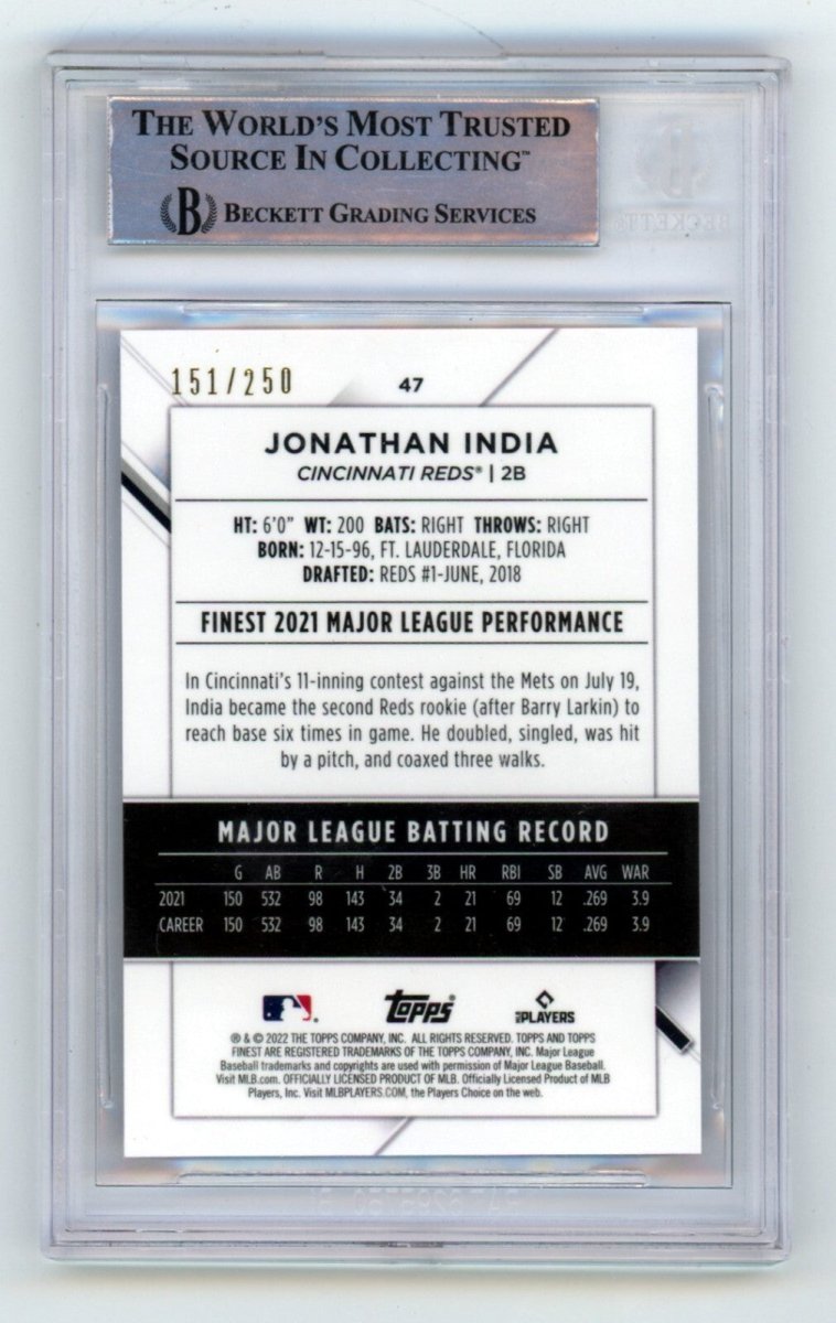 Jonathan India 2022 Topps Finest Purple Refractor 47 Signed 151/250 BGS BAS Auto