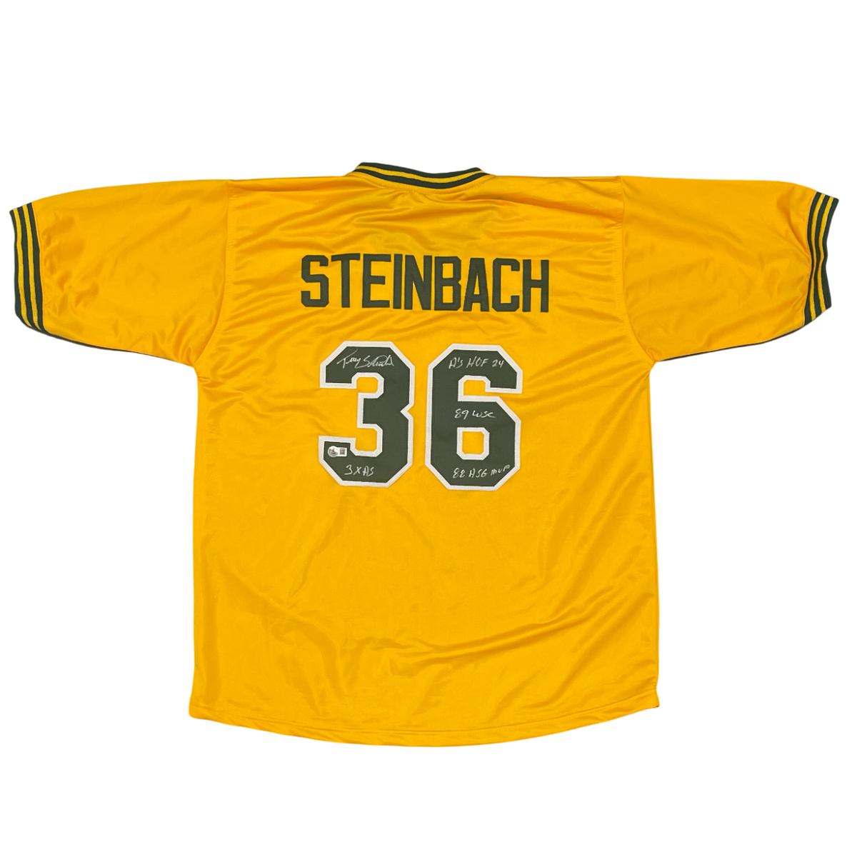Terry Steinbach Signed Athletics Custom Jersey w/ 4 Ins Beckett Witness BAS COA