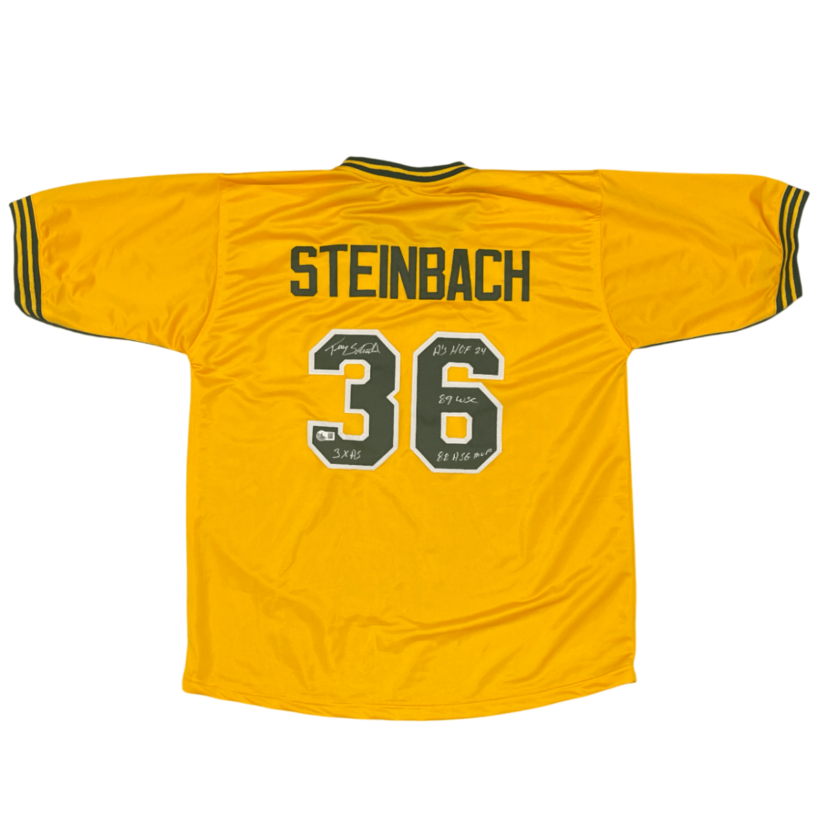 Terry Steinbach Signed Athletics Custom Jersey w/ 4 Ins Beckett Witness BAS COA