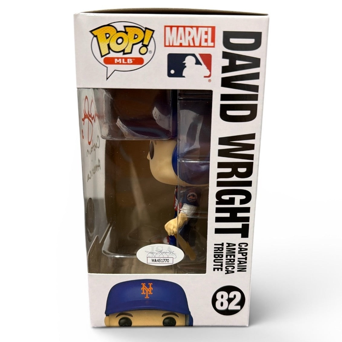 David Wright Signed Citi Field SGA Funko Pop #82 w/ Captain America Insc JSA COA