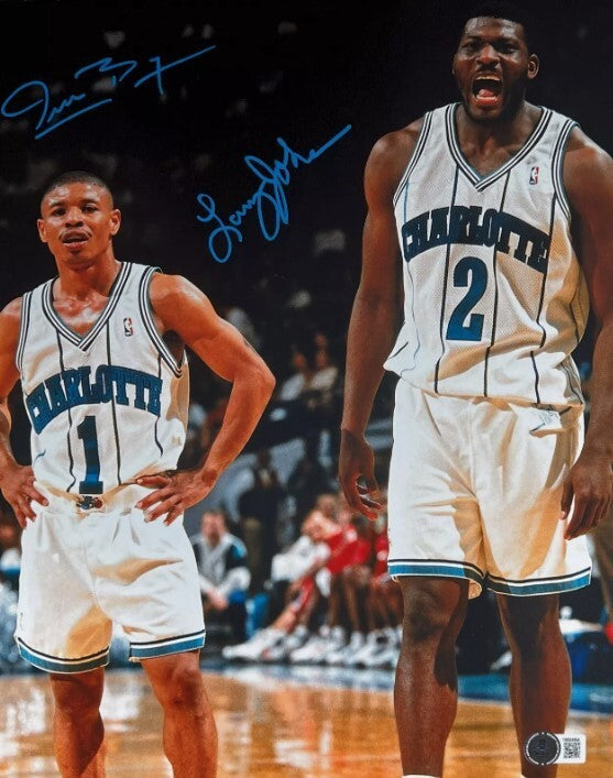 Muggsy Bogues &amp; Larry Johnson Signed Hornets 11x14 Photo Beckett BAS COA #1