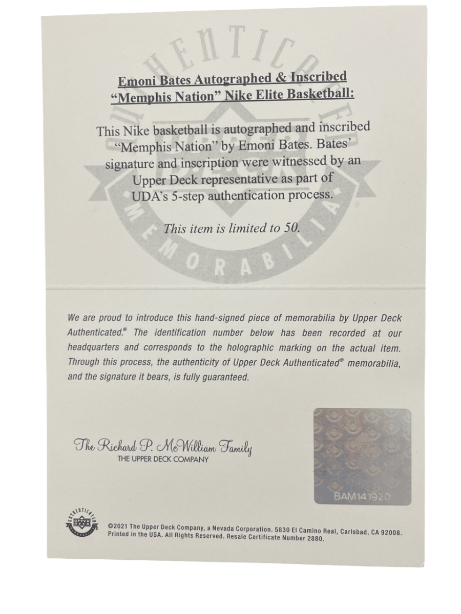 Emoni Bates Signed Nike Elite Basketball 1/50 Memphis Nation Upper Deck UDA COA