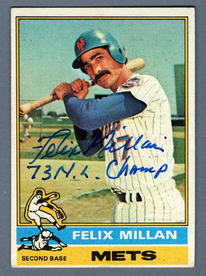 Felix Millan Signed 1976 Topps Baseball #245 w/ 73 NL Champ Ins LSCM COA NY Mets