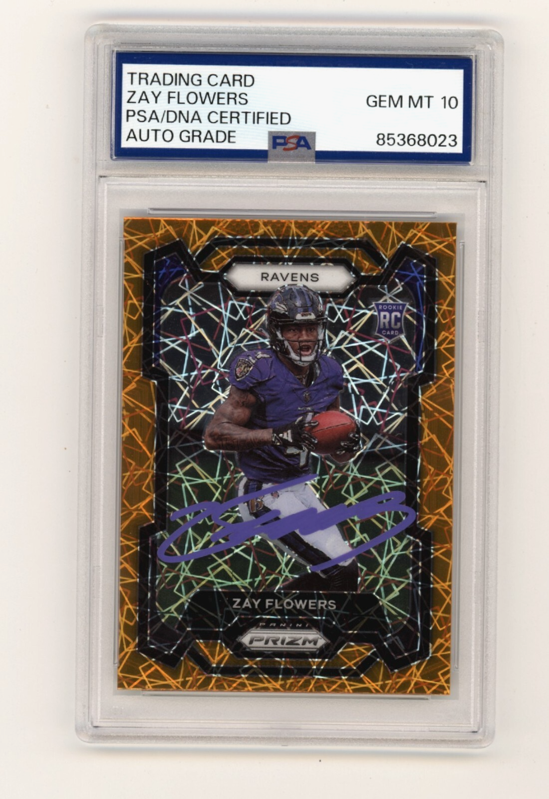Zay Flowers 2023 Panini Prizm Orange Lazer 307 Rookie RC Signed 10 Auto PSA DNA
