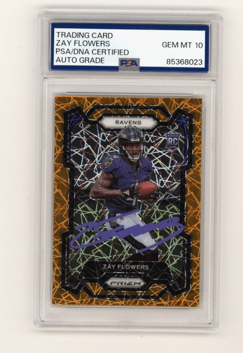 Zay Flowers 2023 Panini Prizm Orange Lazer 307 Rookie RC Signed 10 Auto PSA DNA