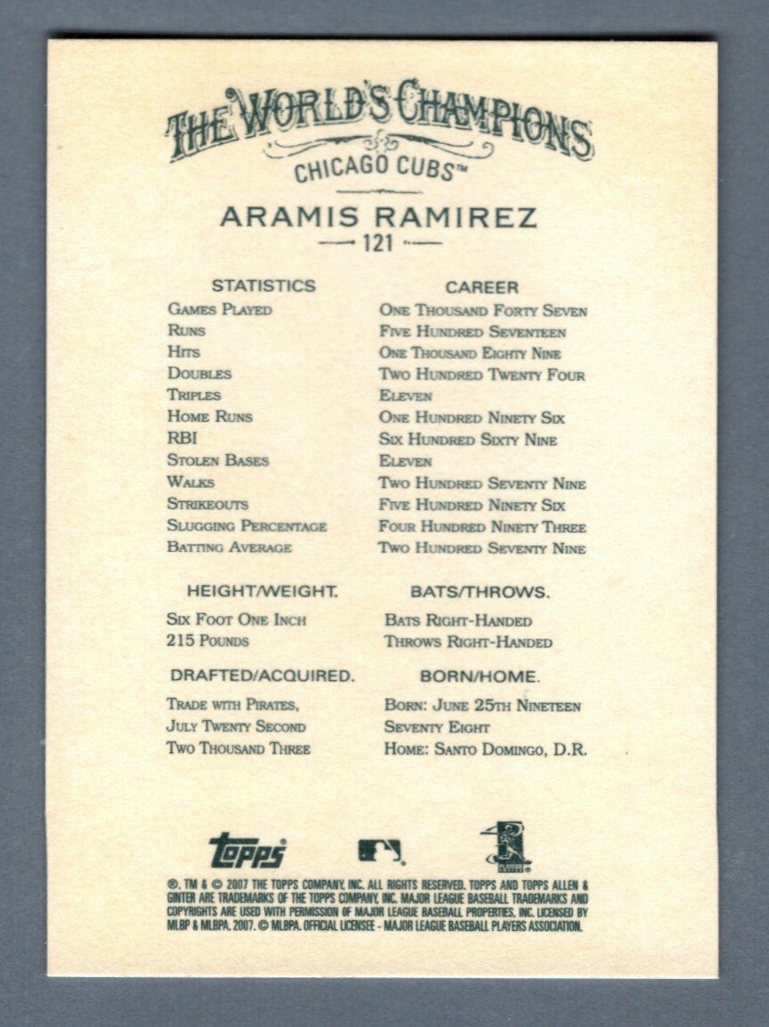 Aramis Ramirez Signed 2007 Topps Allen & Ginter #121 LSCM COA Chicago Cubs