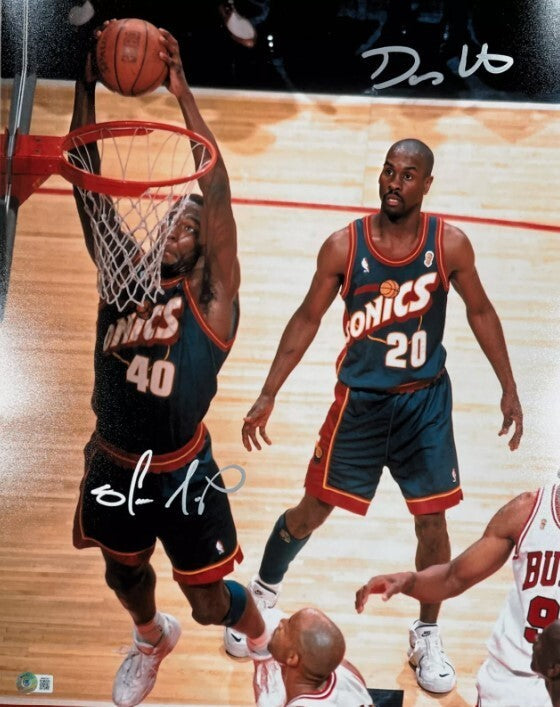 Shawn Kemp &amp; Gary Payton Dual Signed Auto 16x20 Photo Beckett Wit BAS COA Sonics