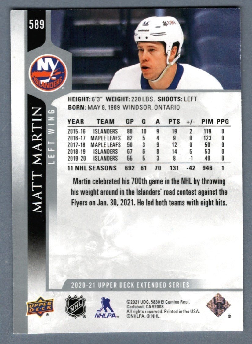 Matt Martin Signed 2020-21 Upper Deck Extended #589 LSCM COA New York Islanders